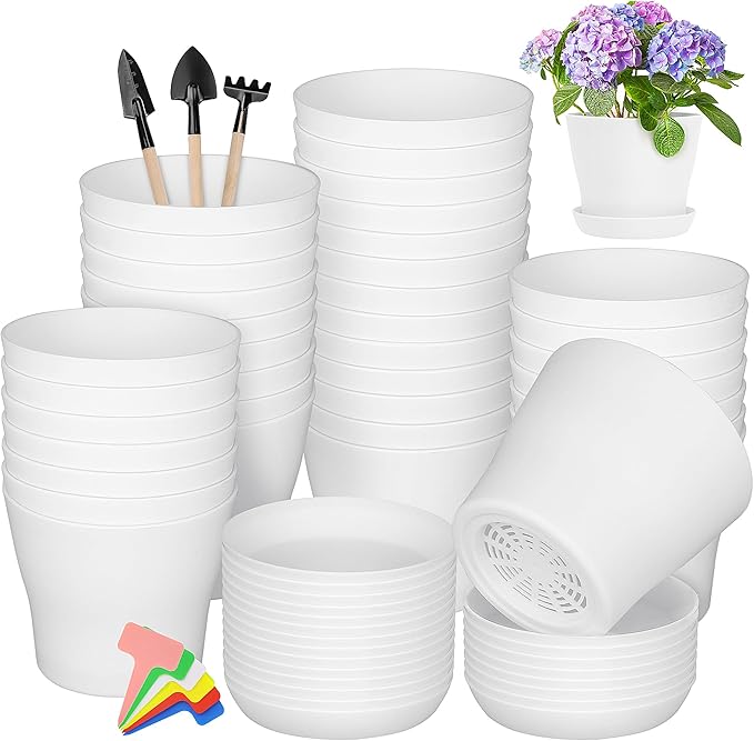 Hahood 36 Pack 5.5 Inch Plastic Plant Pots with Saucers White Flower Plant Container Seed Starting Pots Thickened Seedlings Nursery Pot for Home Garden Indoor Outdoor Flowers
