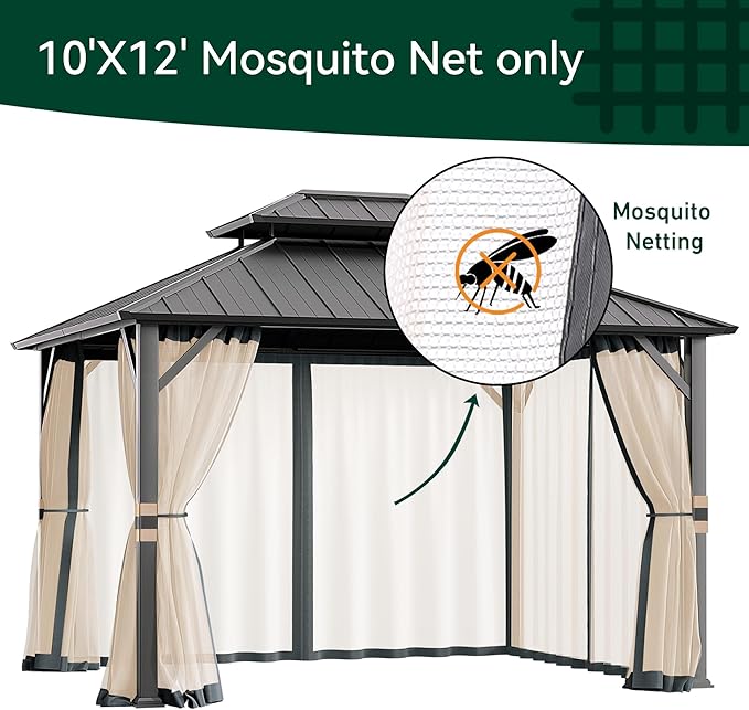 Covered Outdoor Universal Gazebo Mosquito Netting Replacement - 10' x 12' 4-Panel Screen Walls with Double Zipper for Outdoor Patio Canopy Garden Gazebos, Slate Gray and Beige