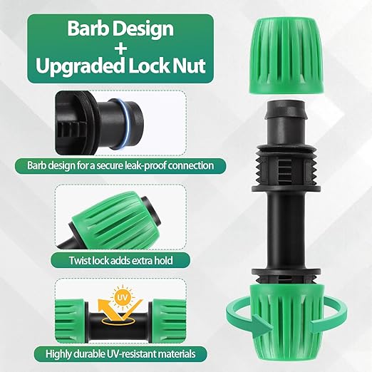 RedChili 14 Pcs 1/2 Inch Irrigation Tubing Coupling Fittings, (1/2" ID x0.6-0.65" OD) 16mm Drip Tubing Barbed Locked Nuts Connectors Anti-Drop 1/2" Coupler Parts for Garden Lawn Irrigation System