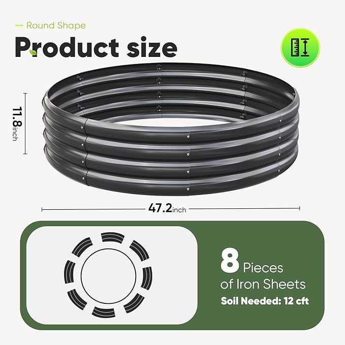 KING BIRD Raised Garden Bed Galvanized Round Planter Box Outdoor for Gardening, Plants, Vegetables, Flowers, Silver, 47x47x12 in 4 Packs