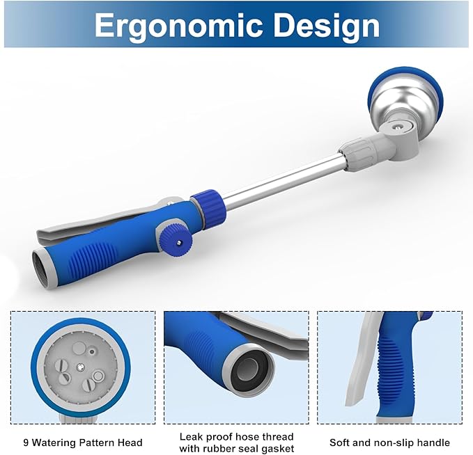 Watering Wand, 16" Aluminum Garden Hose Nozzle with 180° Rotating Ratchet Head, 9 Spray Patterns & Adjustable Flow Control - Perfect for Water Hanging Baskets and Shrubs