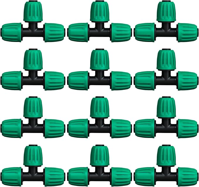 JAYEE 1/2 Inch Drip Irrigation Fittings, 12 Pcs Lock Barbed Tee for 1/2 In Vinyl Tubing, Drip Line Parts 3-Way Tees Irrigation Connectors for Drip Sprinkler Garden Lawn Watering Systems, Green