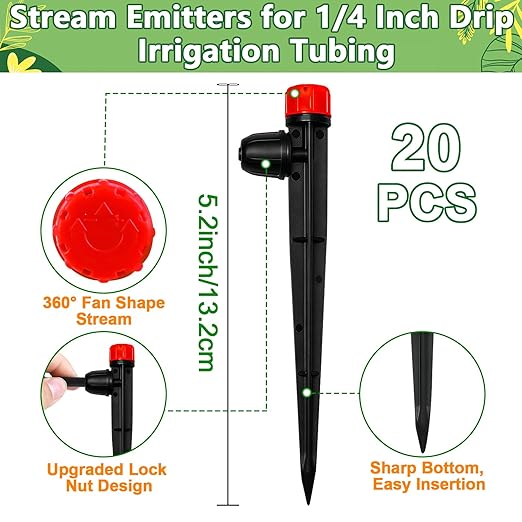 20 Pieces Drip Irrigation Emitters, Adjustable 360 Degree Drip Stream Emitters on 5" with Stake for 1/4" Drip Irrigation Tubing Irrigation 8 Hole Stream Drippers for Garden Watering System