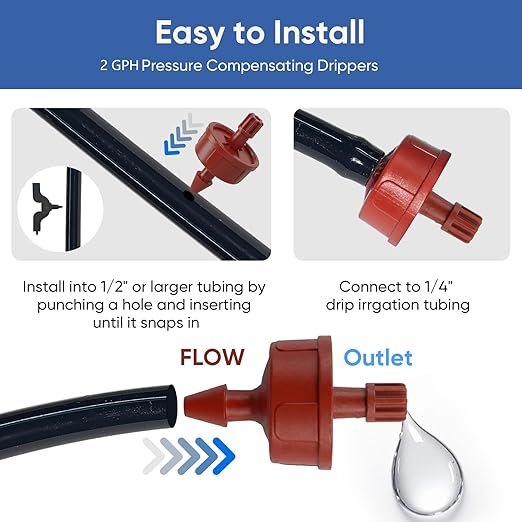 2 GPH Pressure Compensating Drippers: 25 Pack Drip Irrigation Spot Watering Emitters Constant Flow Drip Heads Drip Irrigation Parts for Drip Irrigation System