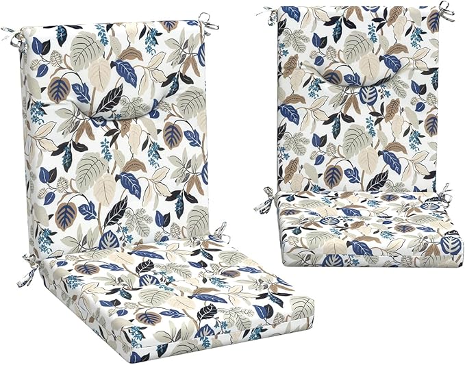 DYTXIII Outdoor High Back Chair Cushions Set of 2, 44x20 in Water Repellent Patio Seat Cushions with Elastic Sponge, All Weather Cushions for Rocking, Dining Chairs, Patio Furniture - Leaves Beige