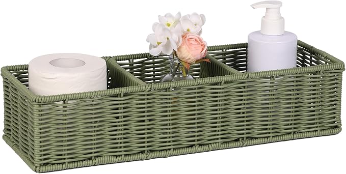 Bathroom Wicker Storage Basket: Waterproof Resin 3-Section Organizer Above Toilet Space Efficient Design for Small Homes Stress Relief Sage Green 1pack