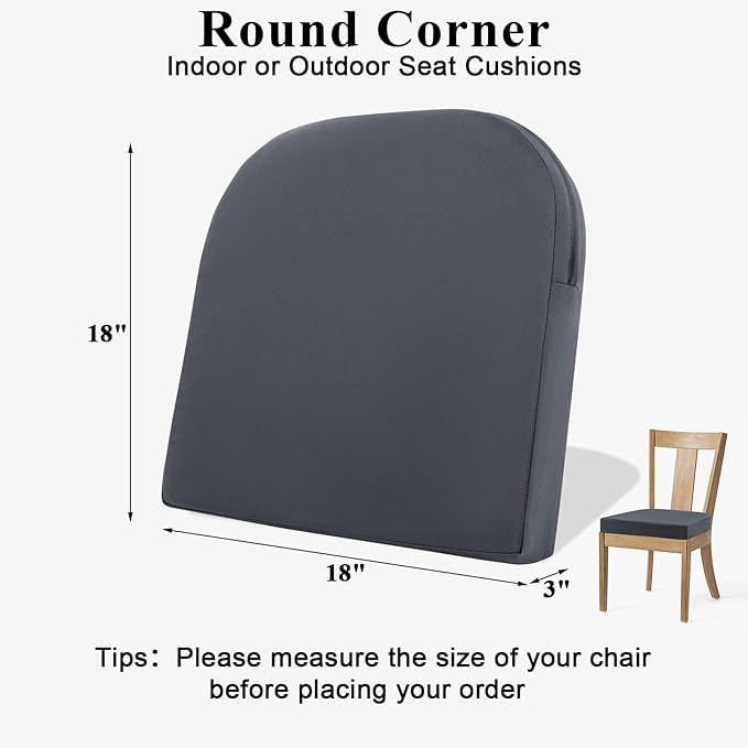 Topotdor Outdoor Chair Cushions for Patio Furniture,Waterproof Patio Chair Cushions Set of 2,Indoor/Outdoor Round Corner Chair Seat Cushion with Ties,18"x18"x3" Grey