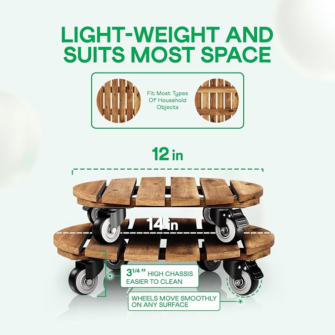 Combo 12 Inch and 14 Inch Acacia Wood Rolling Round Planter Caddies for Plant Pots, Heavy Duty Plant Stand with 360° Lockable Wheels, 264 lbs Capacity Caddy for Indoor and Outdoor Use, Golden Teak