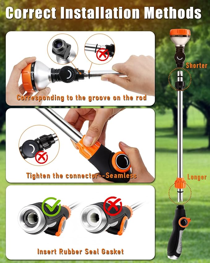 24-Inch Watering Wand with 8 Spray Patterns & 180° Rotating Head, Arthritis Friendly Hose Sprayer Nozzle with Thumb Control, Hose Nozzle for Hanging Baskets, Garden Plant & Cleaning Works