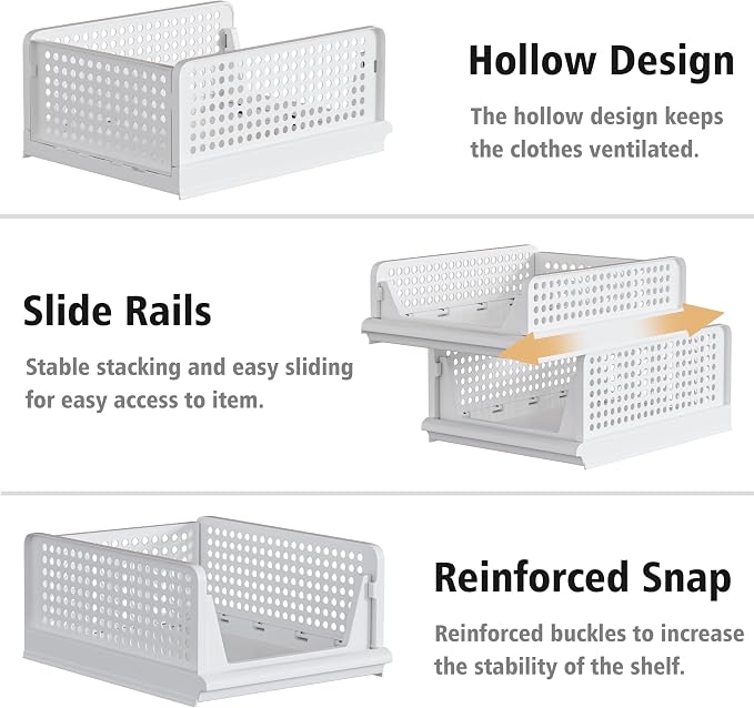 Proarea 5 Pack Stackable Storage Bins, Closet Organizers and Storage, Foldable Closet Organizer Baskets for Clothes, Plastic Drawer Bins for Closet Organization, Wardrobe Shelf, Laundry Room, White