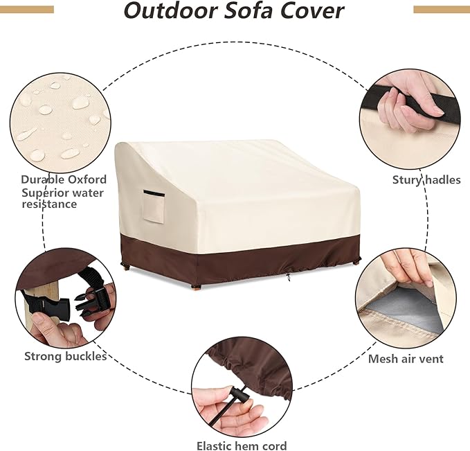 3-Seater Patio Sofa Cover, 600D Heavy Duty Waterproof Outdoor Sofa Covers, 85 W x 38 D x 35 H Inches Outdoor Couch Cover, Patio Furniture Covers, Lvory&Brown