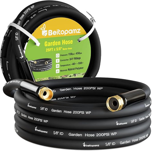 Beitopamz Garden Hose 25 ft x 5/8 in Heavy Duty Water Hose, Flexible and Durable, Lightweight Rubber Hybrid Hose, Leak-Free Connections, Male to Female 3/4'' Brass Fittings for Patio, Lawn, Black