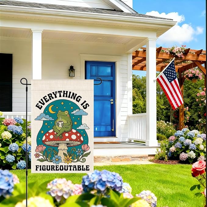 RZHV Everything is Figureoutable Double-Sided Summer Garden Flag for Outdoor House Yard Sign Garden Decor Parade, Mushrooms Frog Vertical Yard Sign, Housewarming Gifts for Frog Lover Friends Neighbor
