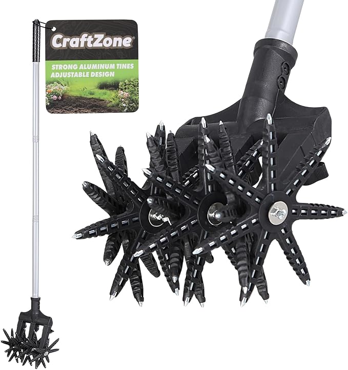 Lightweight Rotary Cultivator Garden Rotary Tiller with Stainless Steel Poles, Anti-Slip Grip, Hand Tiller for Soil Mixing or Reseeding Grass Lawn Tiller Total Length 69 Inch