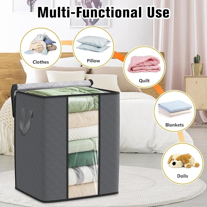 6 Pack Clothes Storage Bags 80L Blanket Storage Containers with Window Grey