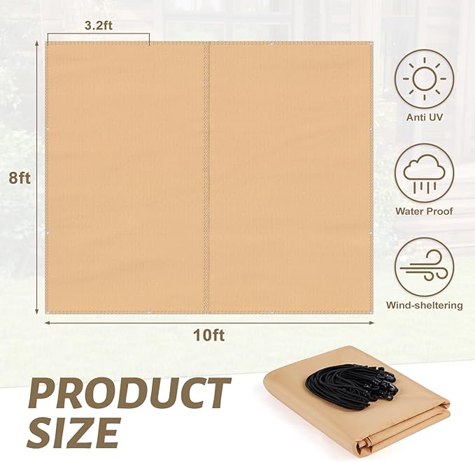 GNILLKO Sun Shade Cloth with Grommets, 8' x 10' Waterproof Pergola Shade Cover Canopy, Garden Shade Cloth for Patio, Outdoor, Garden, Backyard(Khaki)
