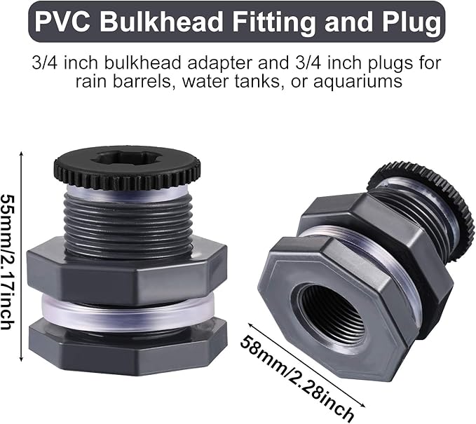Outus 2 Pieces PVC Bulkhead Fitting with Plugs for Rain Barrels, Aquariums, Water Tanks, Tubs, Pools (3/4 Inch+4 mm Thick Silicon Seal Gaskett,Dark Grey)