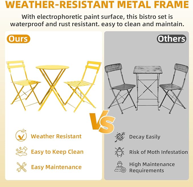 3-Piece Folding Bistro Set, 2 Chairs and 1 Coffee Table, Space Saving Weather-Resistant Frame, Portable Indoor/Outdoor Patio Furniture Conversation Set for Garden Porch Balcony Deck - Yellow
