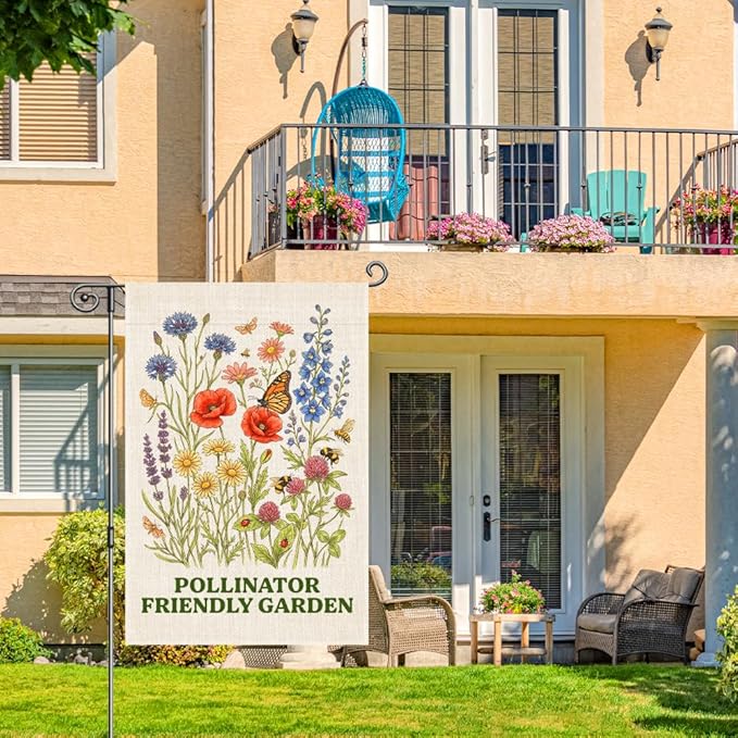 Pollinator Friendly Garden Flags for Outside, Spring Pollinator Garden Flag, Butterfly Floral House Banner for Nature Lover, Flower Yard Sign Front Porch Decor, Housewarming Gifts for Family