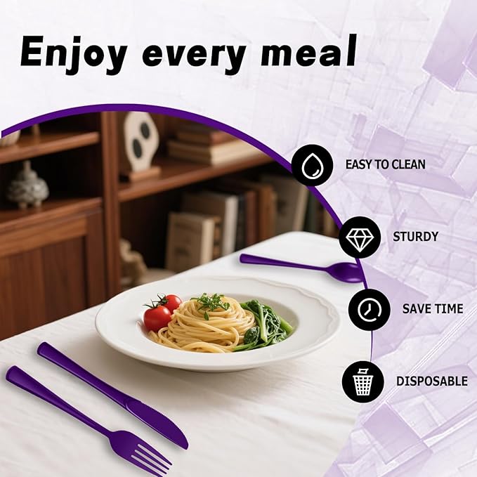 Plastic Silverware 150 PCS Disposable Silverware Heavy Duty Utensil Sets 50 Of Each Forks Knives & Spoons Disposable Cutlery Set For Easter,Birthday,Baby Shower,Garden Party,Wedding(150,Purple)