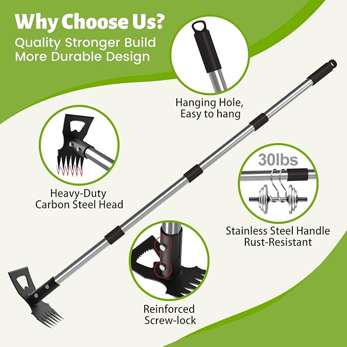 Weed Puller Tool with Long Handle, Stand Up Weeder with 63" Telescoping Handle, 2-in-1 Manual Weeder Remover & Garden Hoe, 6 Sharp Tines for Crack Weeding and Root Removal