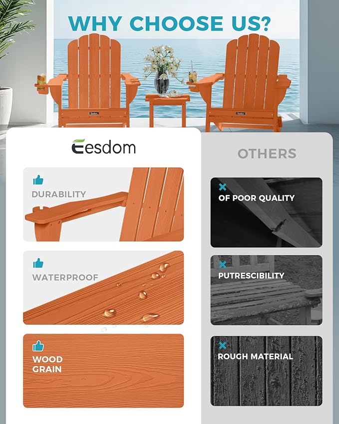 Adirondack Chairs Set of 2, HDPE Material Fire Pit Chairs, Plastic Adirondack Chairs with 2 Cup Holder, Outdoor Lawn Chair for Patio Garden, Orange