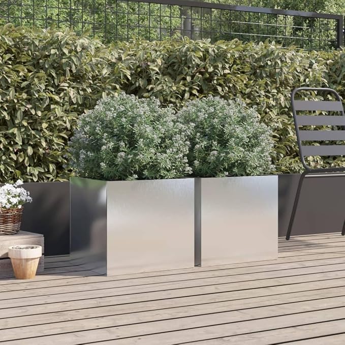 Stainless Steel Planter Set of 2 Silver Medium Modern Plant Pots for Indoor Outdoor Garden Balcony Patio