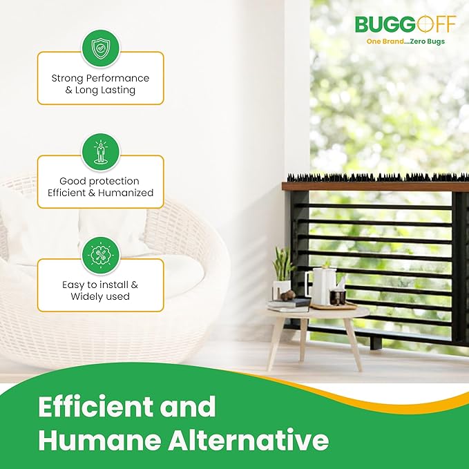 BUGGOFF - Bird & Rodent Spikes, Unique Spike Pattern effecitviely deteres Pesky Pigeons, Squirrels, Raccoons. Installs on Fences, Gates, Roofs, Walls and More! (13 Feet, Green Plastic)