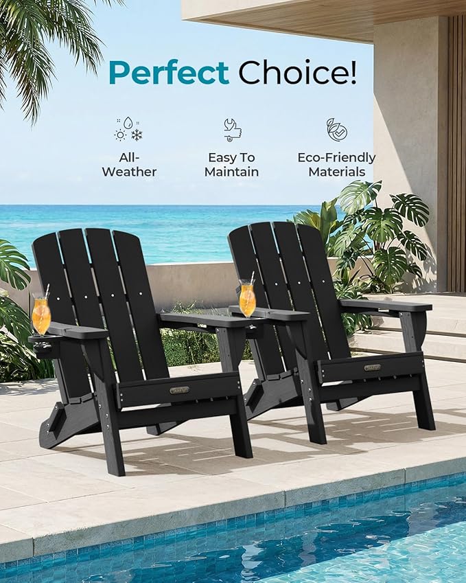 Folding Adirondack Chair 6 Pack, HDPE All-Weather Fire Pit Chairs, Plastic Adirondack Chairs with 2 Cup Holder, Outdoor Lawn Chair for Patio Garden (Black)