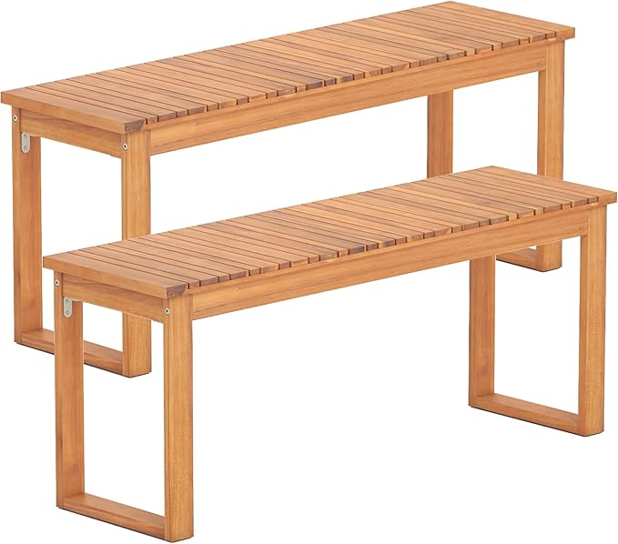 Tangkula Acacia Wood Outdoor Bench Backless Set of 2, 2-Person Wood Patio Bench with Slatted Seat, Outdoor Backless Dining Bench for Backyard, Poolside, Porch (43.5")