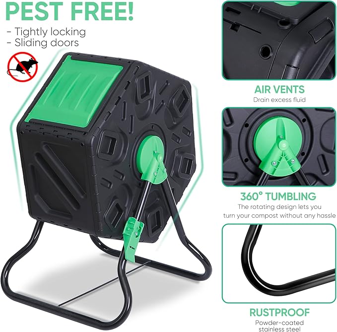 SUPER DEAL 18.5 Gallon Outdoor Compost Bin, Garden Tumbling Composter, Steel Frame BPA Free Material for Fast Creation of Fertile Soil, Easy to Assemble, Black