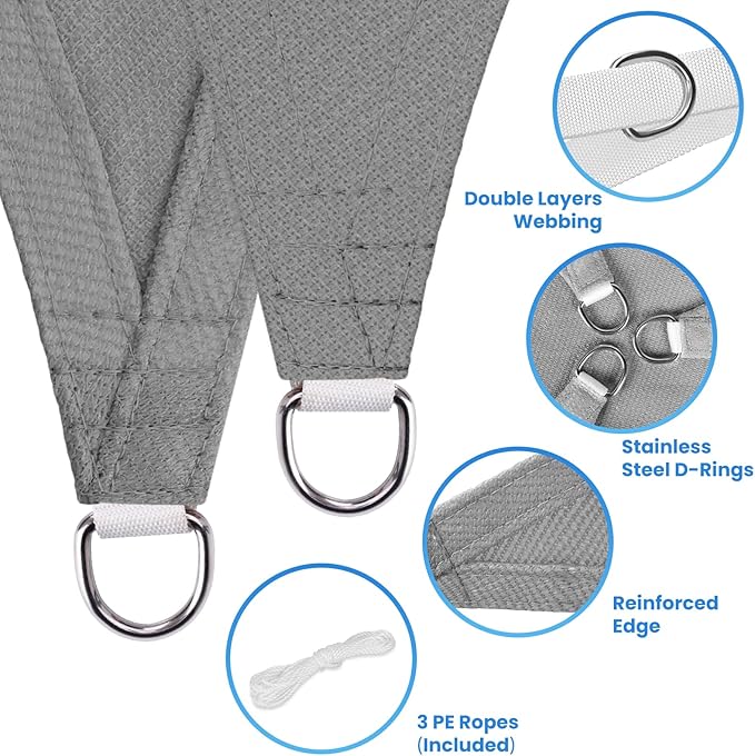 StorageTastic Triangle Sun Shade Sail - 16' x 16' x 16', UV Block Awnings for Patio Shade with Ropes Resist Wear, Tear & Fade, Breathable Sunshades for Outdoor Patio, Garden, Deck, Yard (Grey)