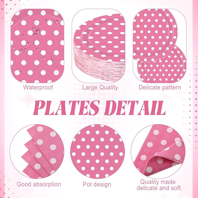 Funnymoom 400 Pcs Pink Polka Dot Party Supplies for 50 Guests White Polka Dot Paper Plates and Napkins Knives Spoon Fork Cup Set Cutlery for Birthday Wedding Bridal Shower Pink Girl