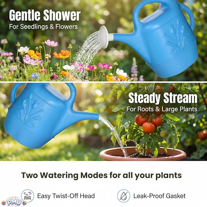PMU 2 Gallon Watering Can - Garden Watering Can for Indoor & Outdoor Plants - Plastic Water Can with Detachable Sprinkler Head - Large Water Pot, Made in USA - Blue Pkg/3