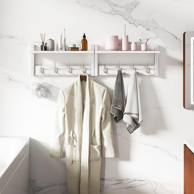 YMYNY Coat Rack Wall Mount with Shelf and Hooks, White UHWS001W-2