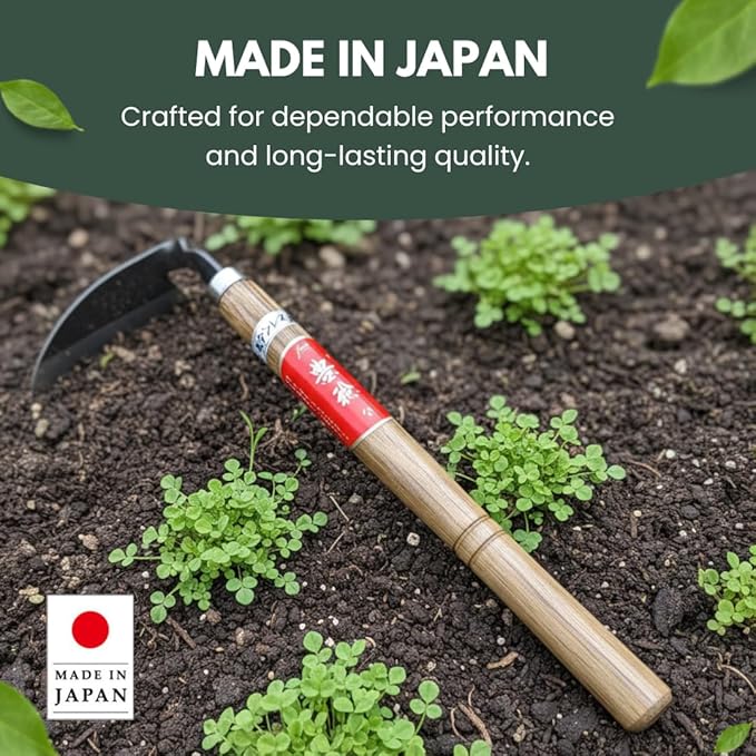 forest Originals Hounen Miyawaki Japanese Weeding Sickle, Twisted Stainless Steel Kama Weeder (4.7 in (12 cm) Blade), 13 in (33 cm) Wood Handle, Root Slicer for Garden Beds & Crabgrass, Made in Japan
