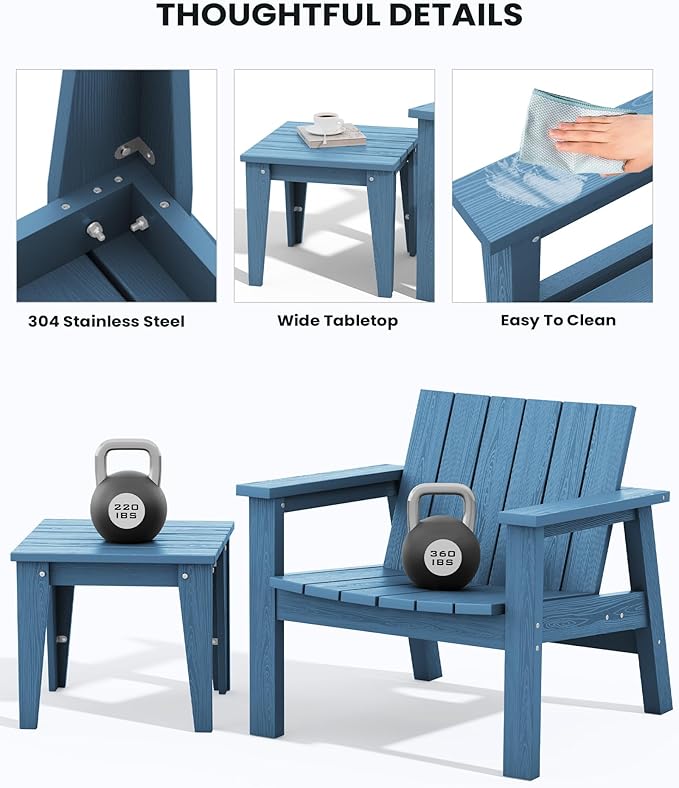 SERWALL Adirondack Chair Set, Includes Adirondack Chairs Set of 2 and 1 Piece Outdoor Side Table, HDPE Bistro Set- Blue