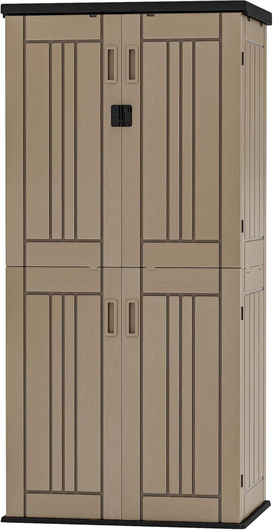 DWVO Outdoor Vertical Storage Shed with 4 Shelves, Waterproof Tall Plastic Storage Shed with 4 Adjustable Shelf, 30 cu. ft. Patio Tools Storage for Patio, Garden, Backyard, Deck, Brown