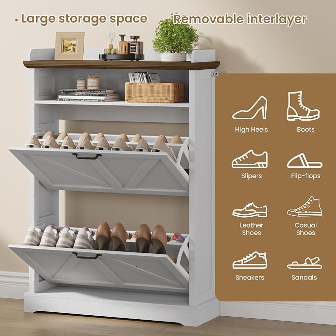 Farmhouse Shoe Cabinet with 2 Flip Drawers & Open Storage, 31.5" W White