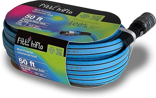 FITT HiFlo Water Hose, Lightweight Ultra Flexible Durable Kink-Free Flat Multipurpose Garden Hose, Easy to Use and Long-lasting Performance, 50-Feet