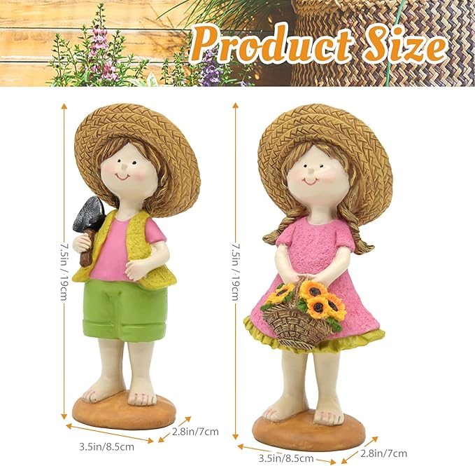 Spring Summer Garden Figurines Set of 2, Boy and Girl Outdoor Garden Statues with Sunflower Basket, Cottage Home Garden Decor for Yard Patio Lawn, for Women