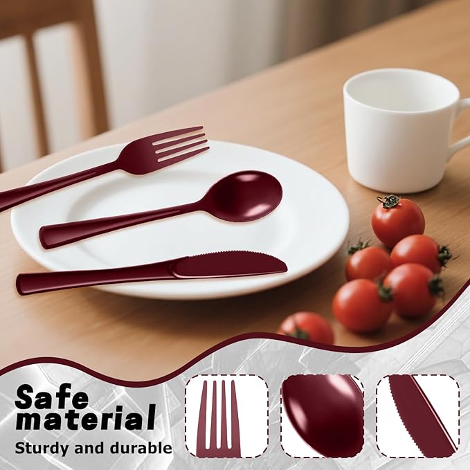 Plastic Silverware 300 PCS Disposable Silverware Heavy Duty Utensil Sets 100 Of Each Forks Knives & Spoons Disposable Cutlery Set For Easter,Birthday,Baby Shower,Garden Party,Wedding(300,Burgundy)