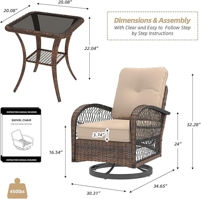 MELLCOM 3 Pieces Patio Furniture Set, Outdoor Swivel Rocker Patio Chairs, Wicker Patio Bistro Set with Rocking Chair, Thickened Cushions and Glass Coffee Table for Backyard, Garden, Khaki