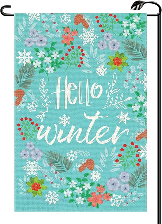 Hello Winter Garden Flag 12x18 Inch Double Sided Seasonal Outdoor House Snowflake Berry Flower Small Flag Yard Decoration Flag DJ48