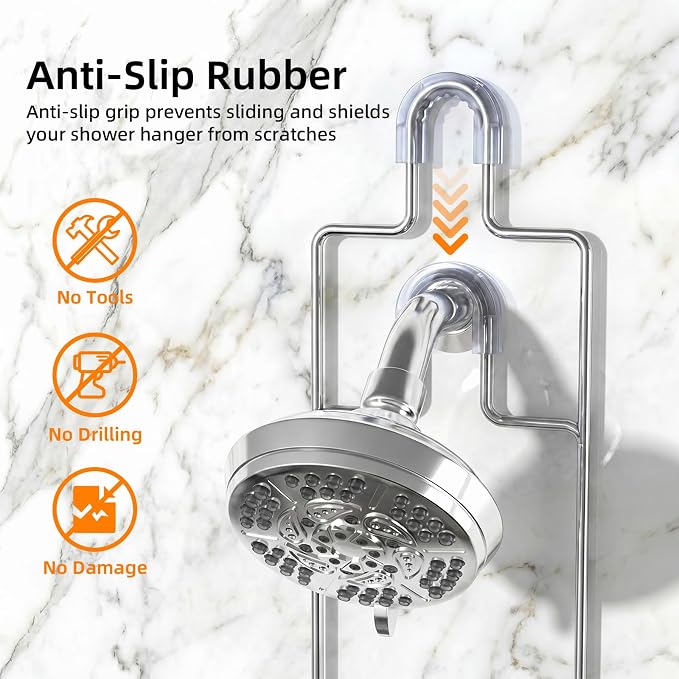 Shower Caddy Haging for Handheld Showerhead, Over Head Shower Caddy,Silver | Rustproof,Soap Dish,Hooks,Toothbrush Holder, Anti-Swing Adhesive Strip &Suction Cup, Holds Razor,Sponge,Soap,Toothbrush