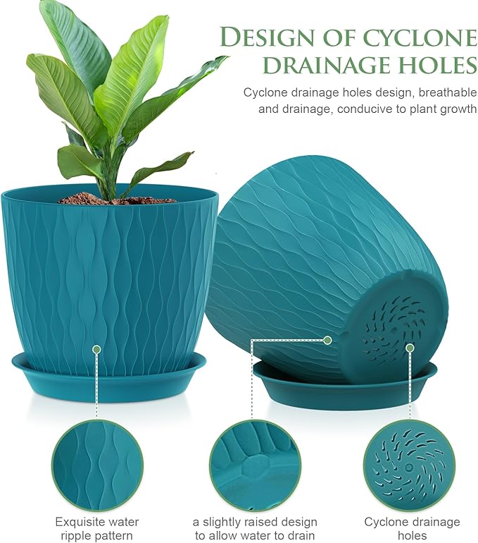 WSMKSZ 7 inch Flower Pots, 5 Pack Plant Pots with Drainage Holes and Saucers for Indoor Plants, Plastic Planters with Water Ripple for Small Garden House Plants, Nursery Pots for Succulent, Blue Green