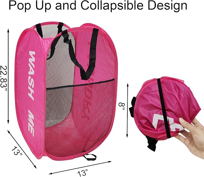 Pink Mesh Dirty Clothes Basket for Laundry Room, Dorm Pop Up Hamper