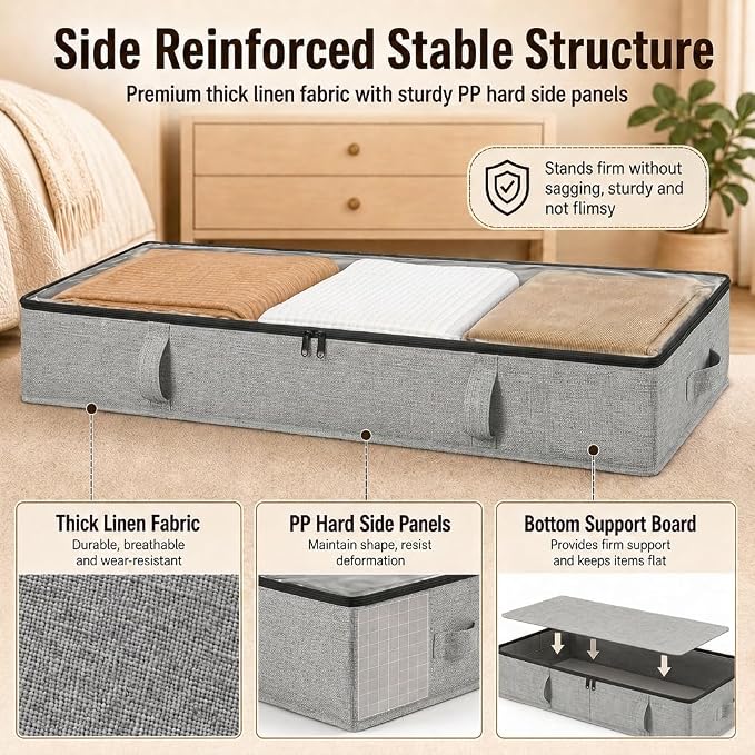 Side-Supported Under Bed Storage Containers, 6 Inch 60L Clothes Storage Bin | Underbed Storage Bin with Sturdy Handles and Sidewalls, Closet Organizer for Clothes, Seasonal Items, Speckled Grey, 2 Pack