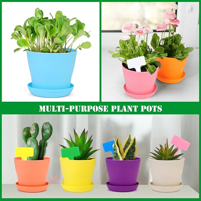 Hahood 48 Pack Plastic Planters 4 Inch Flower Plant Pots Indoor Set Thickened Seedling Nursery Pots Seed Starting Pots with Drainage Holes Saucers, Mini Garden Tools for Home Office Garden, Multicolor
