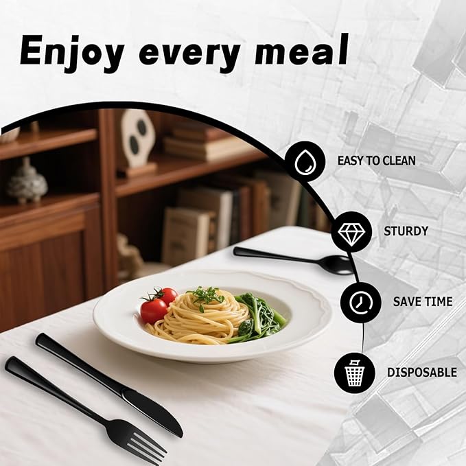Plastic Silverware 150 PCS Disposable Silverware Heavy Duty Utensil Sets 50 Of Each Forks Knives & Spoons Disposable Cutlery Set For Easter,Birthday,Baby Shower,Garden Party,Wedding(150,Black)